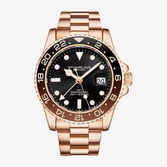 Stuhrling Original Mens Rose Gold And Black Gmt Watch